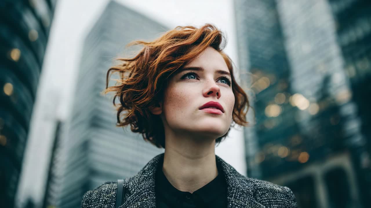 A Young Woman with Stylish Curly Hair Gazing Upwards, Set Against a Modern Urban Background of Tall Buildings Reflecting a Cloudy Sky