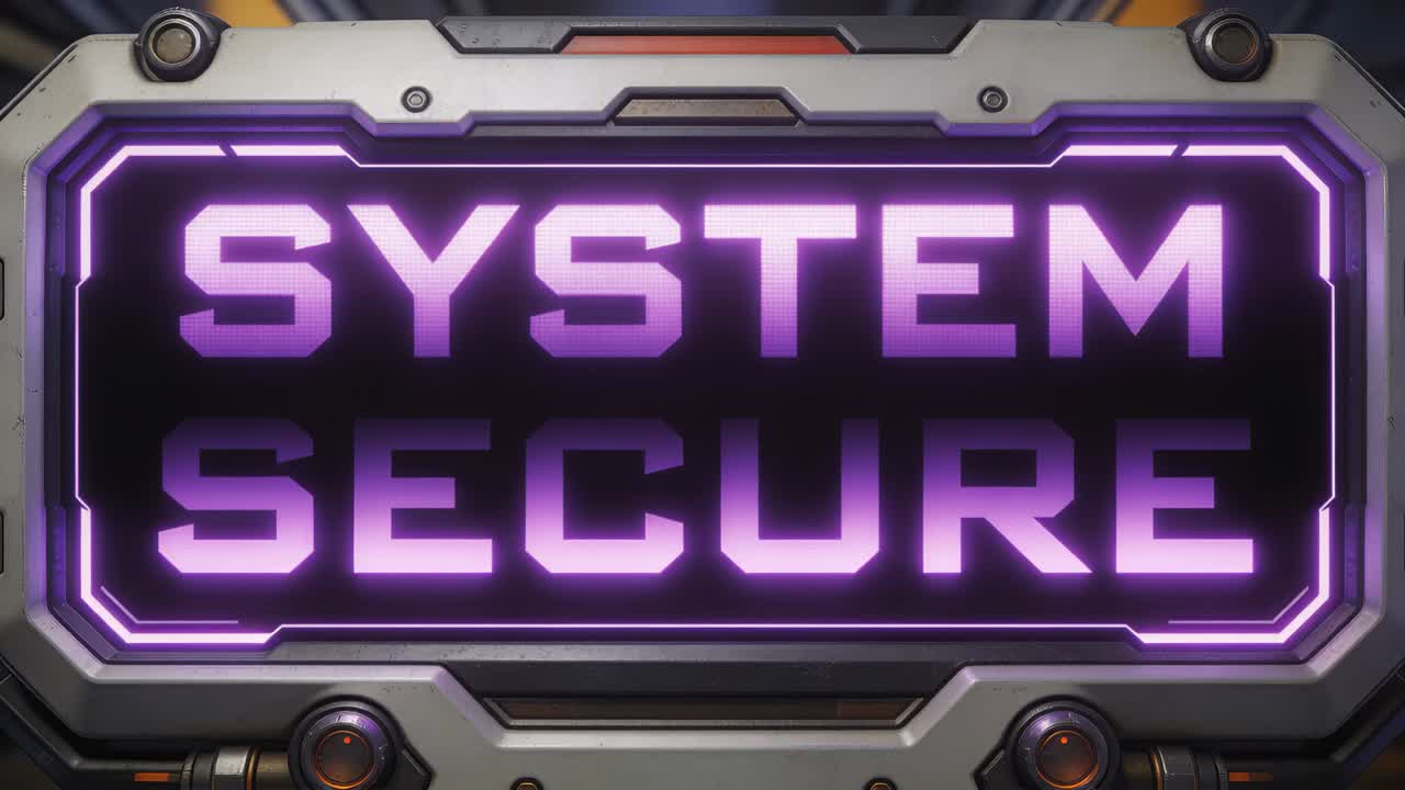 Modtager opdatering, stort panel ved konsollen rydder teksten 'SYSTEM SECURE', falmende lilla LED-kant.