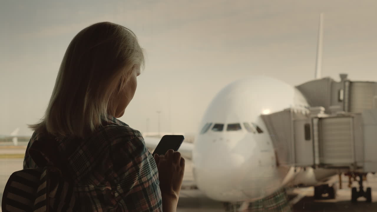 mujer viajera usa un teléfono inteligente en la terminal del aeropuerto en el fondo de un gran avión fuera