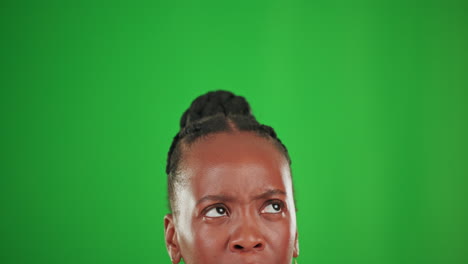 eyes, thinking and choice with a woman on a green