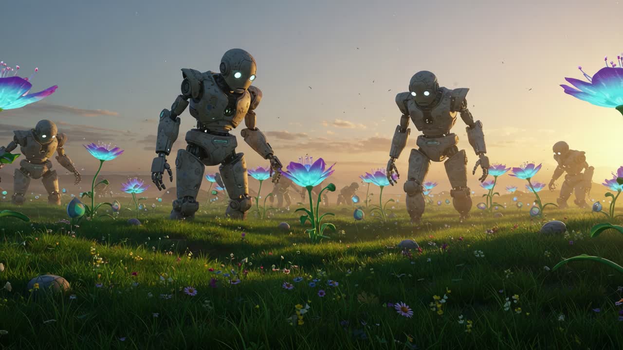 A Futuristic Landscape Where Robots Tend to Beautiful, Luminous Flowers Under a Glowing Sunset, Symbolizing the Harmony Between Technology and Nature