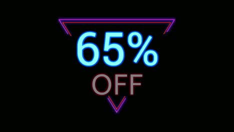 descuento de luz de neón 65% por ciento en triángulo marco moderno borde animación gráficos de movimiento en fondo negro