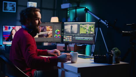 Videographer-adjusting-clips-while-enjoying-cup-of-coffee-in-office