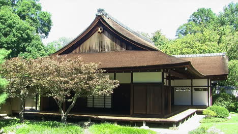 a traditional japanese house with japanese maple trees in front