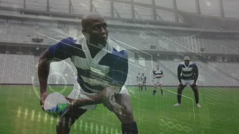 animation of data processing over rugby match in sports stadium