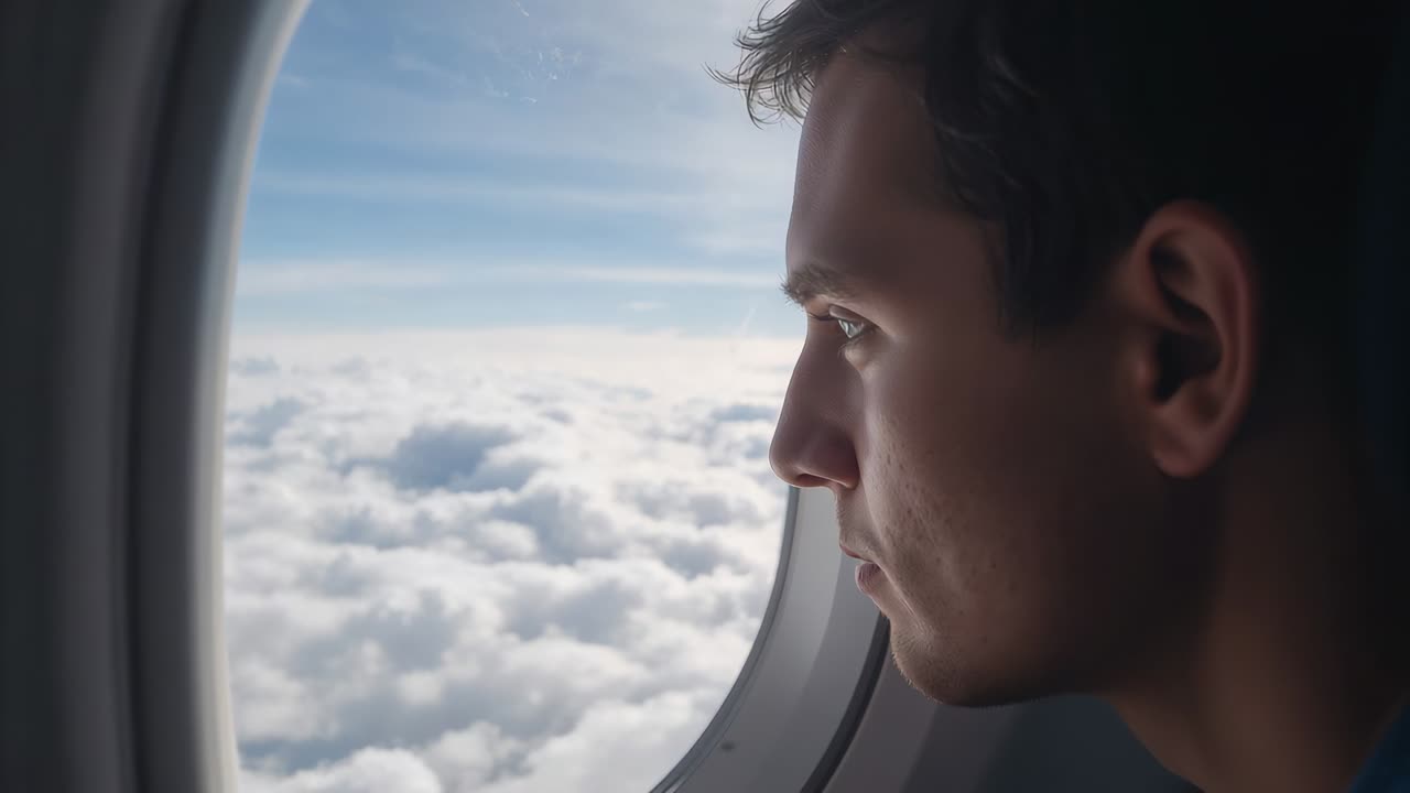Leaning man watching cloud layer via oval window after plane leveling at cruise, copy space