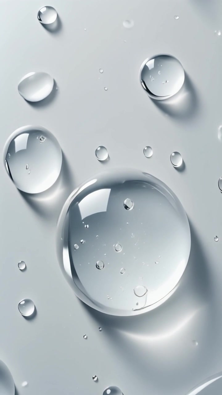 Large transparent cosmetic serum drop surrounded by smaller droplets on clean surface.
