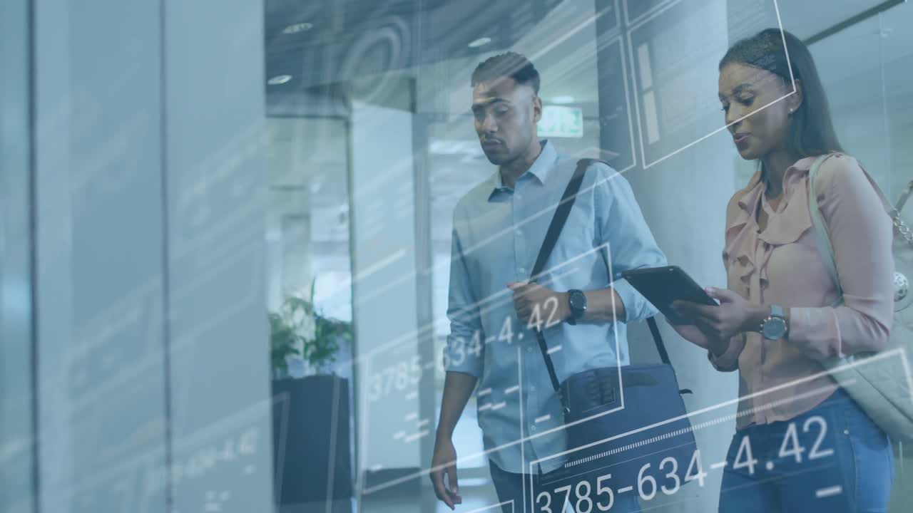 Animation of financial data processing over diverse business people working in office