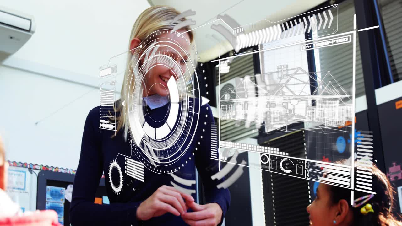 Teacher speaking and gesturing in classroom, causing HUD rings and wireframe model showing lesson