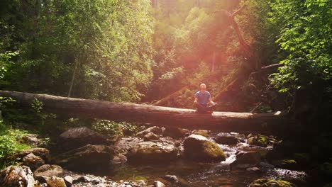man meditating in a forest by a stream