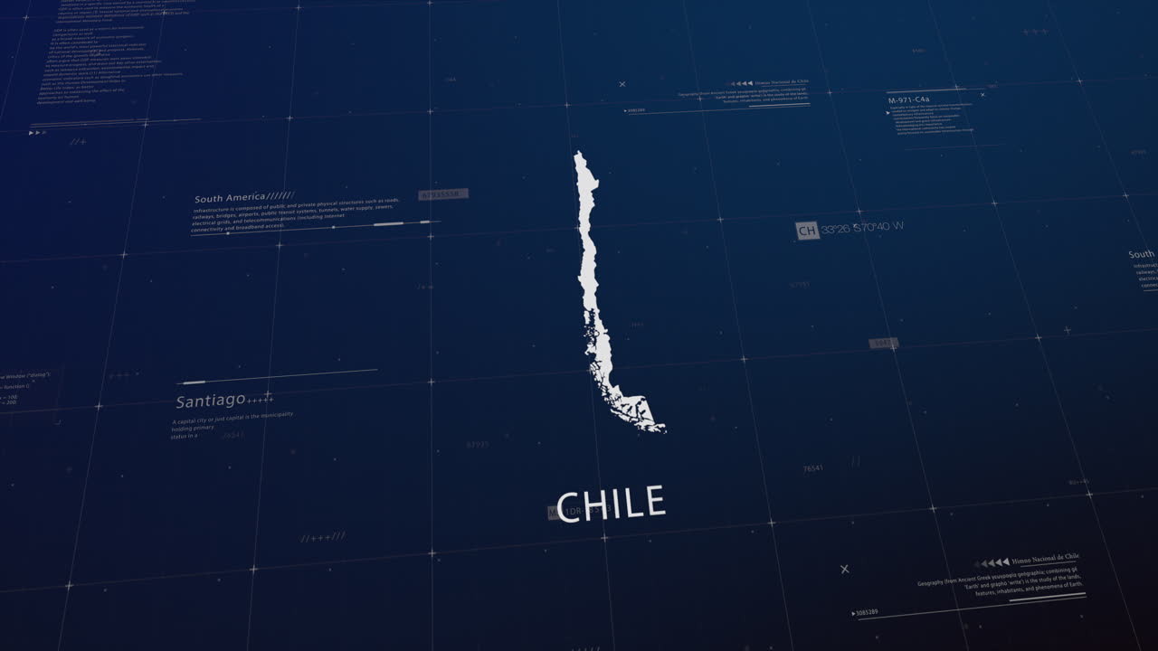 Chile country map comes to life with cinematic panning, unveiling key details, the capital, and slogan, providing an engaging background for corporate and commercial use