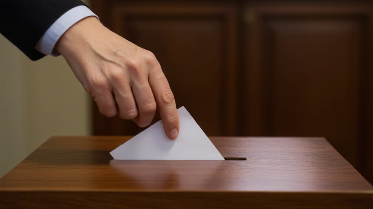 Casting Votes: A Hand In Action For Democracy During An Election, Dropping A Ballot Into A Wooden Box, Emphasizing Civic Duty And Participation In The Electoral Process