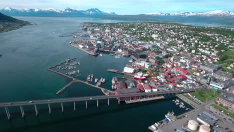 Bridge-of-city-Tromso,-Norway-Aerial-footage