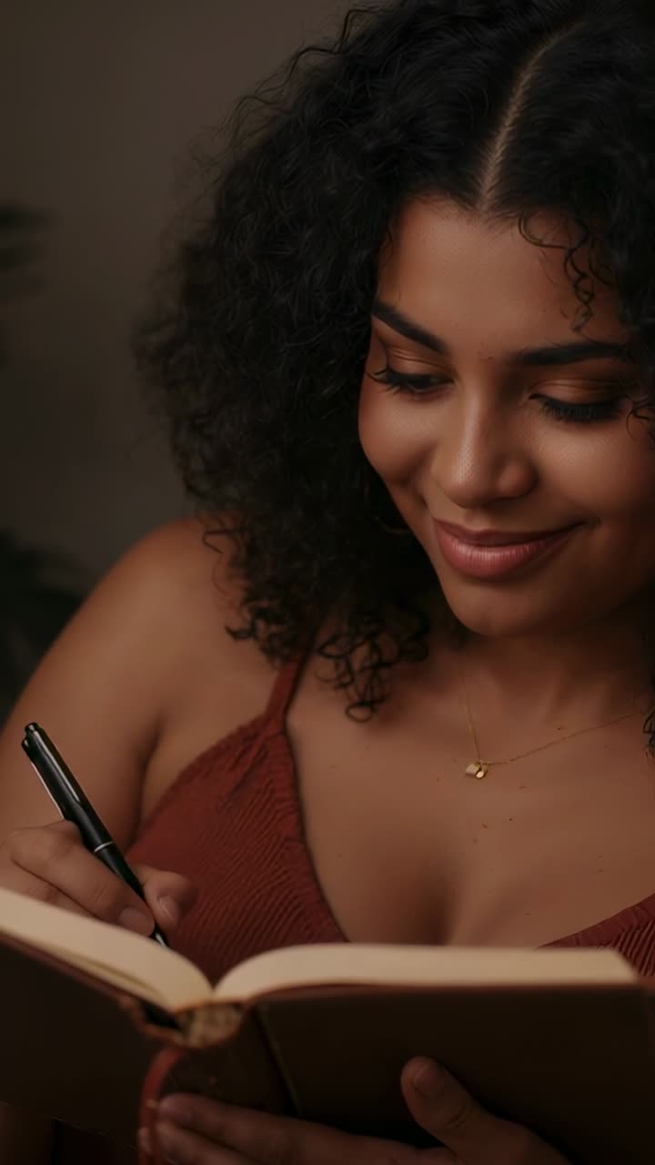 Video verticale: donna che scrive un diario in casa, indossa una maglia color ruggine e una collana dorata, tiene in mano il diario e appoggia la penna.