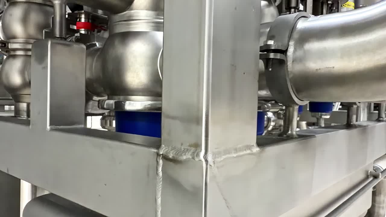 Industrial factory equipment with pipes and machinery in a clean stainless steel production area