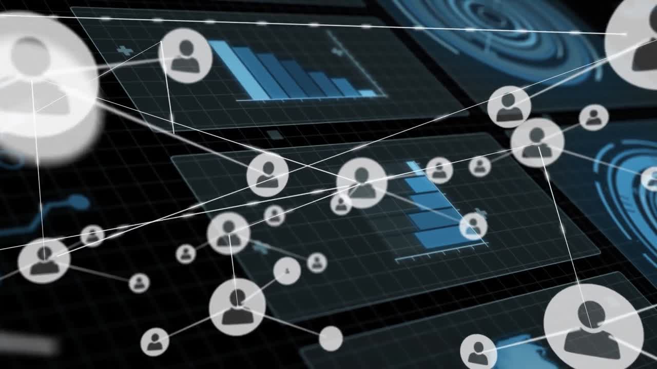 Animation of network of connections with icons over data processing