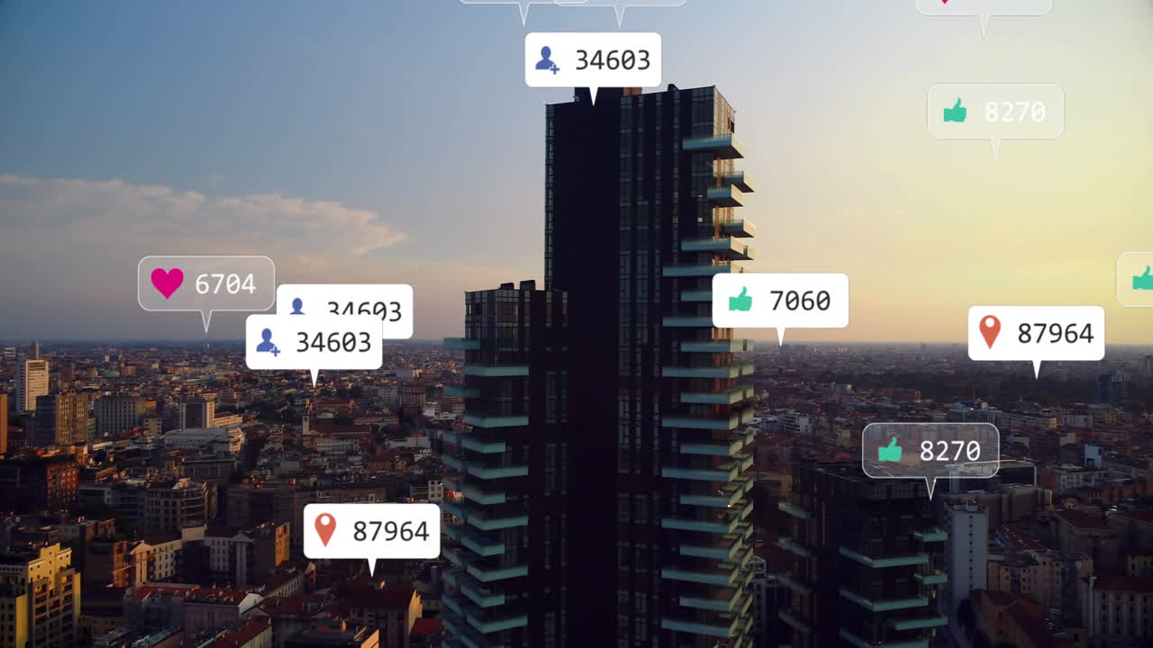 Animação de engajamento de redes sociais sobre paisagem urbana com edifício alto