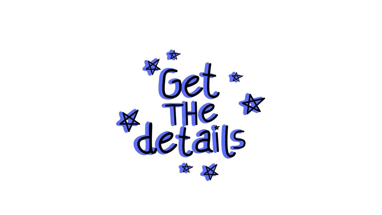 Animation of words Get the Details with stars flickering and changing colours on white background