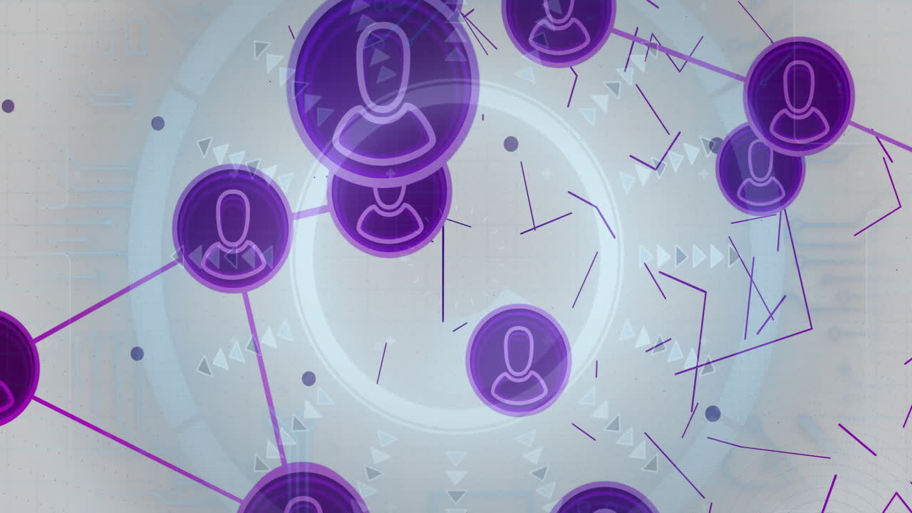 Animation of purple icons network representing social connections and communication