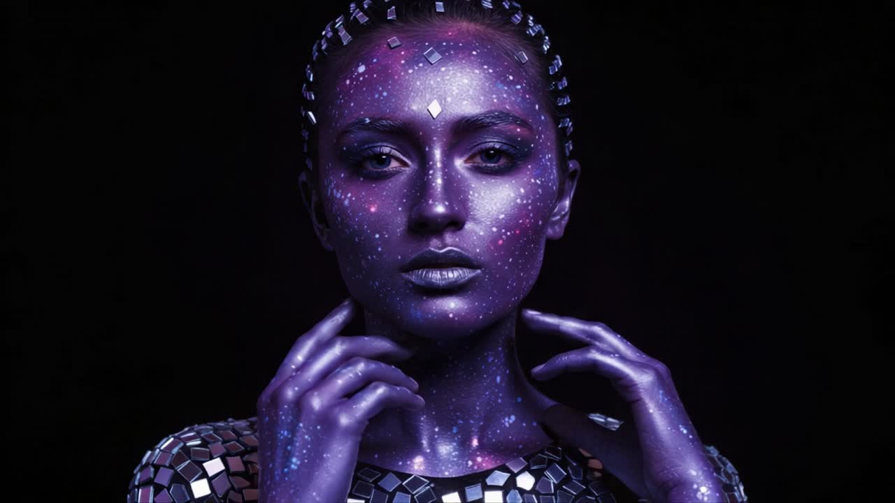 Un Ritratto Accattivante di una Modella Ispirata al Cosmo con uno Sbalorditivo Trucco Effetto Galassia, che Irradia Mistero e Bellezza su uno Sfondo Scuro