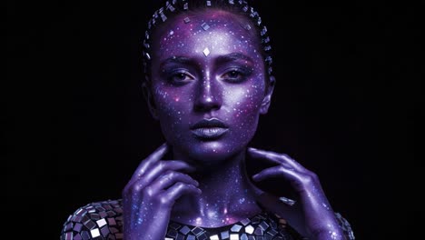 a captivating portrait of a cosmic-inspired model with stunning galaxy makeup, radiating mystery and beauty against a dark background
