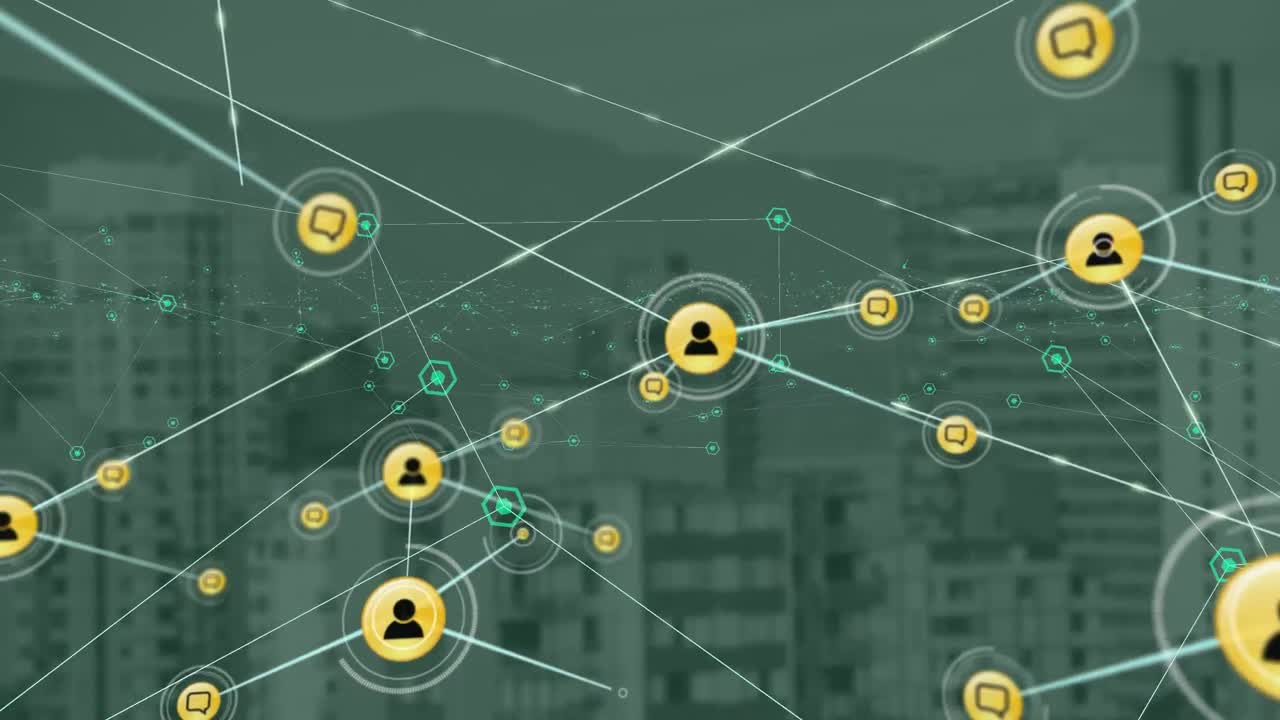 animación de la red de conexiones con iconos de medios sobre el paisaje urbano