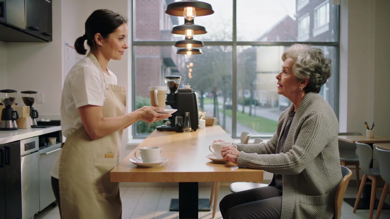 Ein Kellner in Schürze reicht an der Cafétheke einen frisch zubereiteten Latte, ein Kunde greift danach und nimmt ihn entgegen.