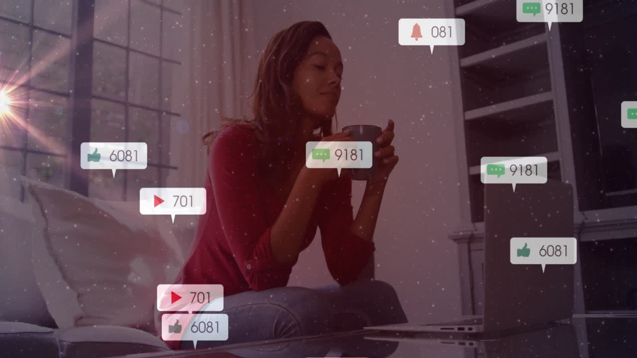 Relaxing with coffee, woman at home surrounded by animation of notifications