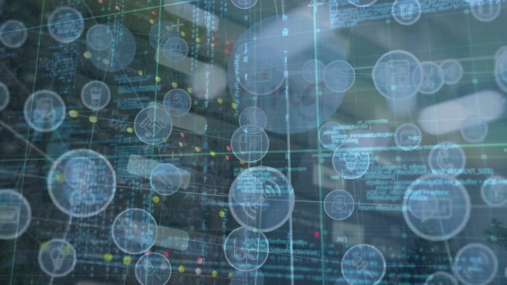 Animation of network of connections with icons over modern office building