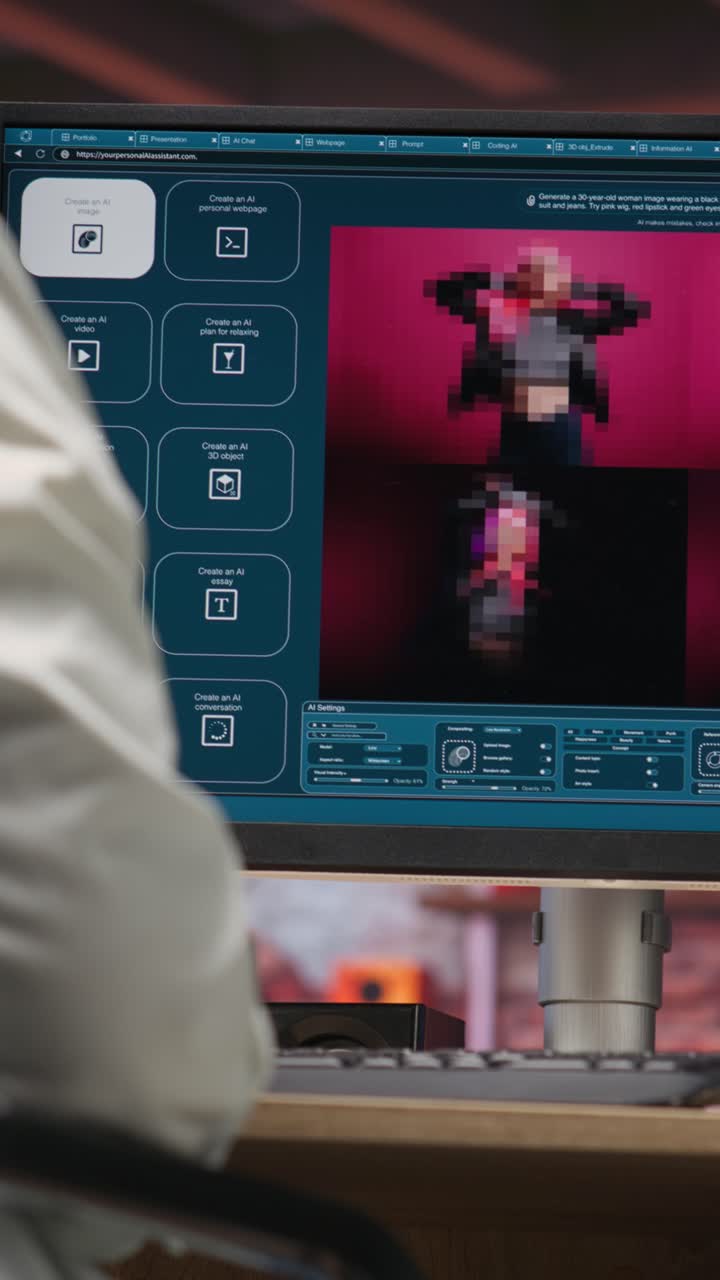 Vertical video Person wearing headphones uses text to image generative models on PC