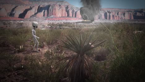 vfx shot of a classic roswell style flying saucer crashed in flames in the new mexico desert in the background, with a classic little grey alien watching on, in desaturated color scheme