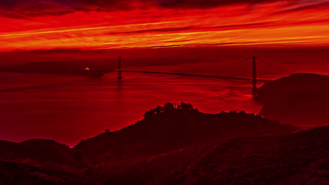 Paisaje-De-Color-Sangriento-Y-Agua-Con-La-Silueta-Del-Puente-Golden-Gate,-Lapso-De-Tiempo-De-Fusión