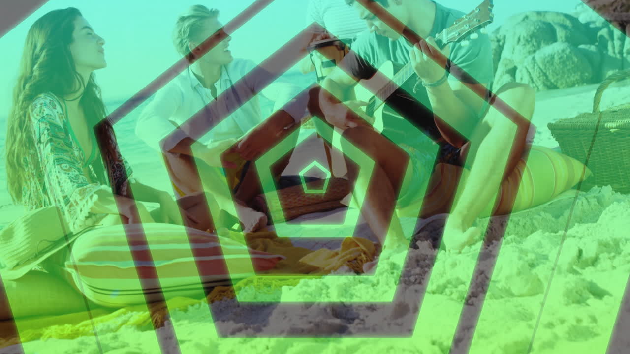 Relaxing on beach, people with geometric shapes animation overlay in background