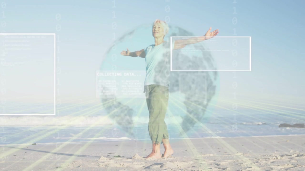 Starší žena se protahuje na pláži, aktivuje glóbus, který se zvedá za ní, a HUD sbírá data pro technologii.