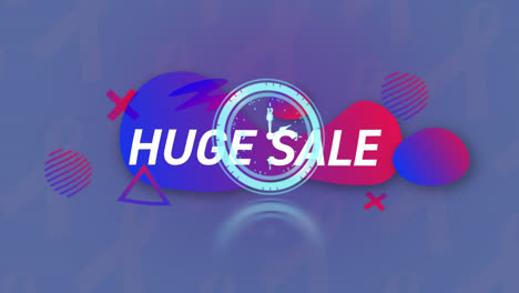 animation of huge sale text banner and neon ticking clock over gradient shapes on grey background