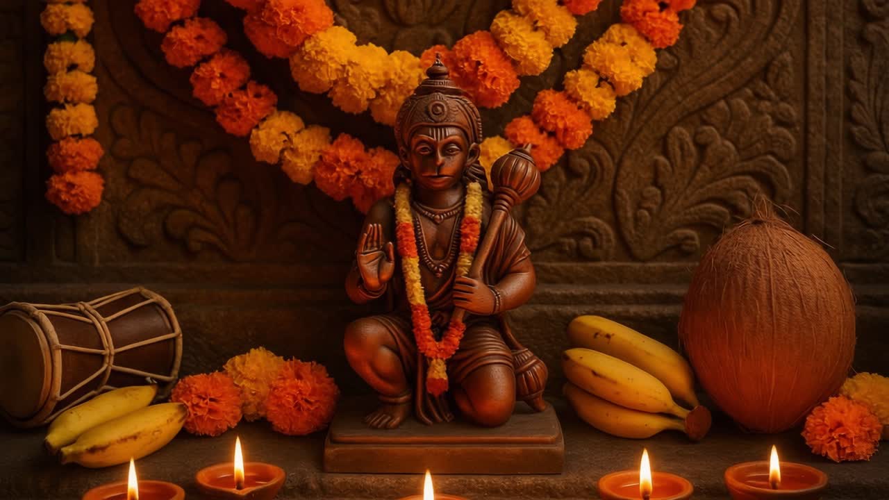 Hindu deity statue with traditional offerings