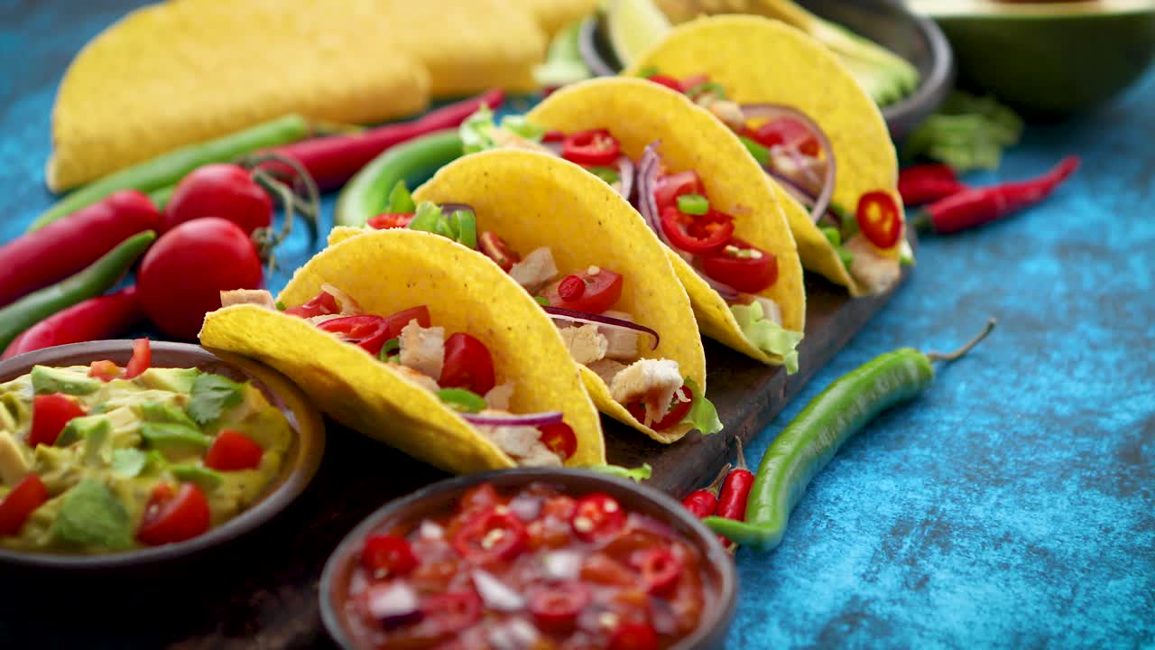 Taco messicano con carne di pollo, jalapeno e verdure fresche, servito con guacamole