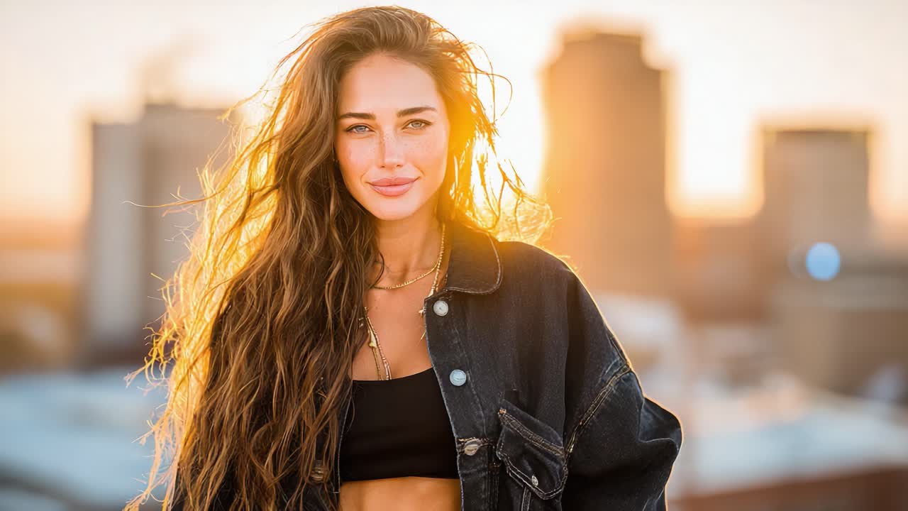 Captivating Sunset Portrait of a Young Woman with Flowing Hair, Exuding Confidence and Radiance Against a City Skyline