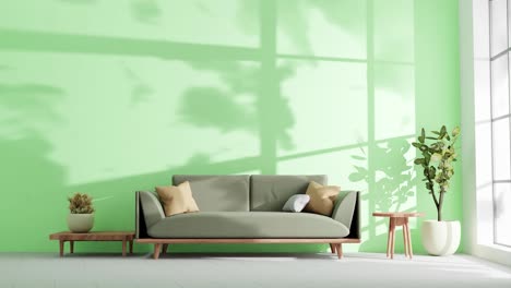 Modernes-Wohnzimmer-In-Einer-Wohnung-Mit-Couch-Und-Schattenwolken-An-Der-Grünen-Wand-Durch-Sanfte-Sommerwindbrise,-Die-Animationsarchitektur-Innendesignkonzept-Wiedergibt