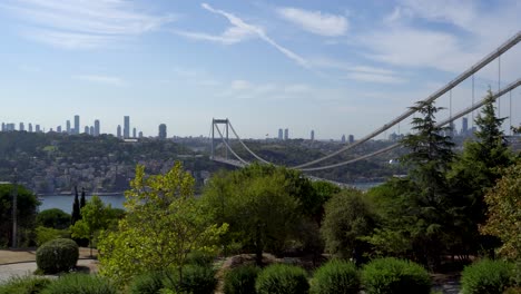 Heavy-Traffic-On-Fatih-Sultan-Mehmet-Bridge,-Bosphorus,-Istanbul,-Turkey,-City-Skyline