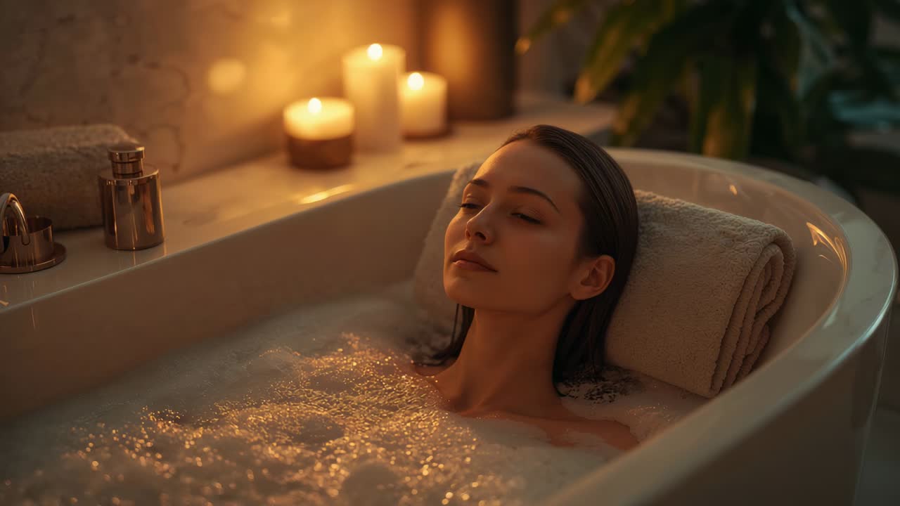 Donna distesa che appoggia la testa su un asciugamano arrotolato in bagno con candele accese e schiuma per il relax