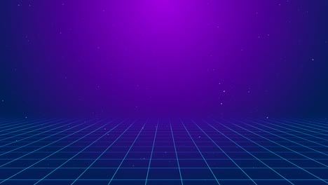 dynamic digital scene shows glowing particle effects over neon grid floor scifi environments retro
