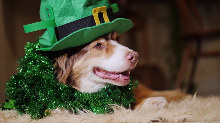 Cane elegante tra le decorazioni del Giorno di San Patrizio, sdraiato vicino al caminetto.