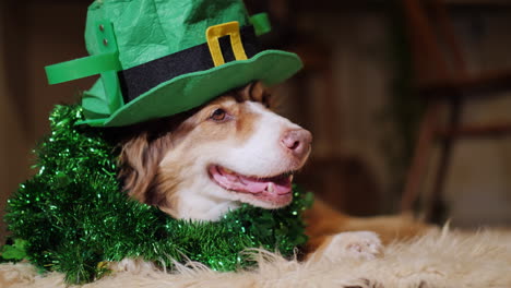 elegant dog in the decoration of the day of st patrick lies near the fireplace