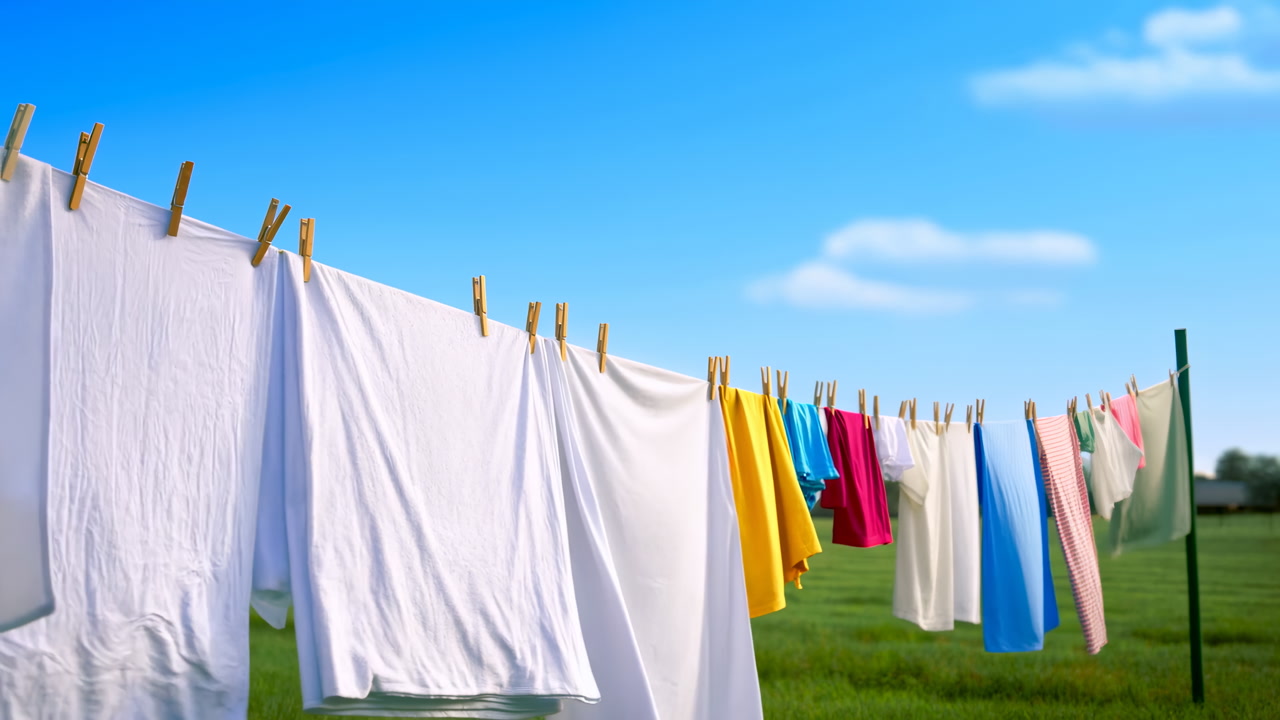 Sunny Backyard Clothesline With Colorful Laundry, White Sheets And Shirts Fluttering In Gentle Breeze