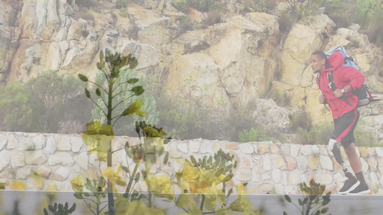 인공 다리를 가진 장애인 아프리카계 미국인 남성 위에 꽃의 애니메이션