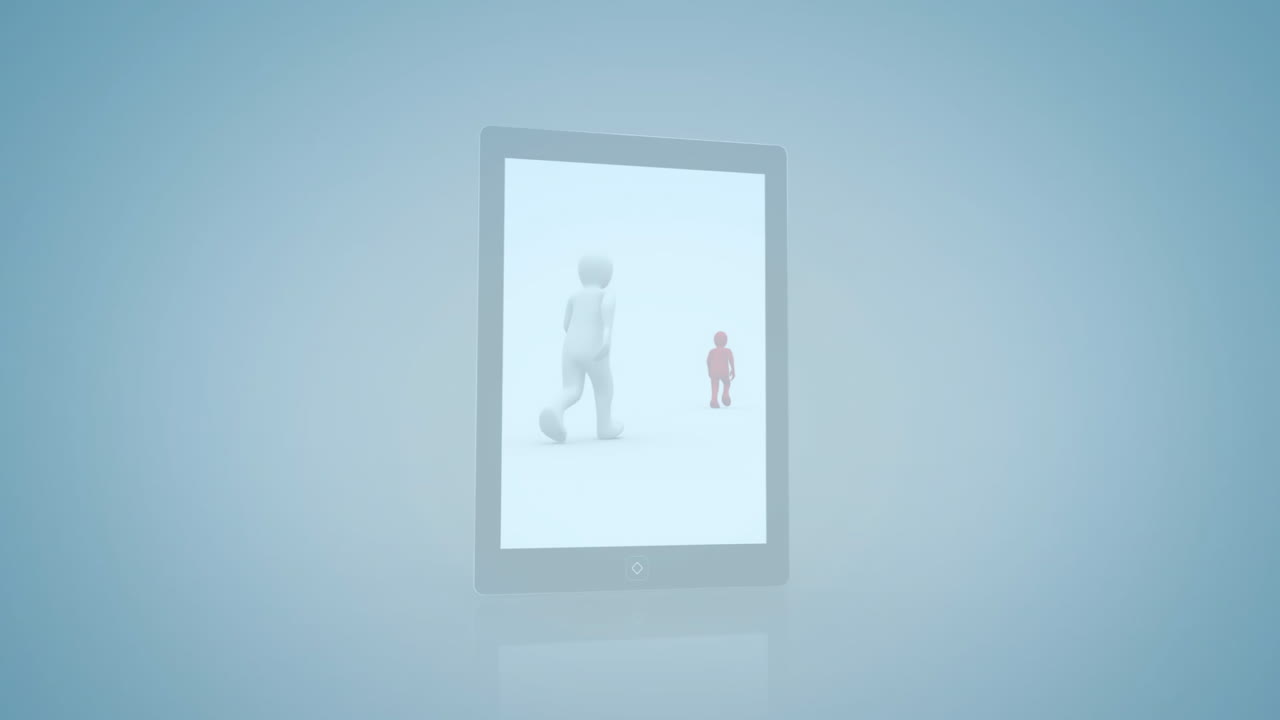 밝은 파란색 배경에 태블릿 화면 위에서 는 인물 애니메이션