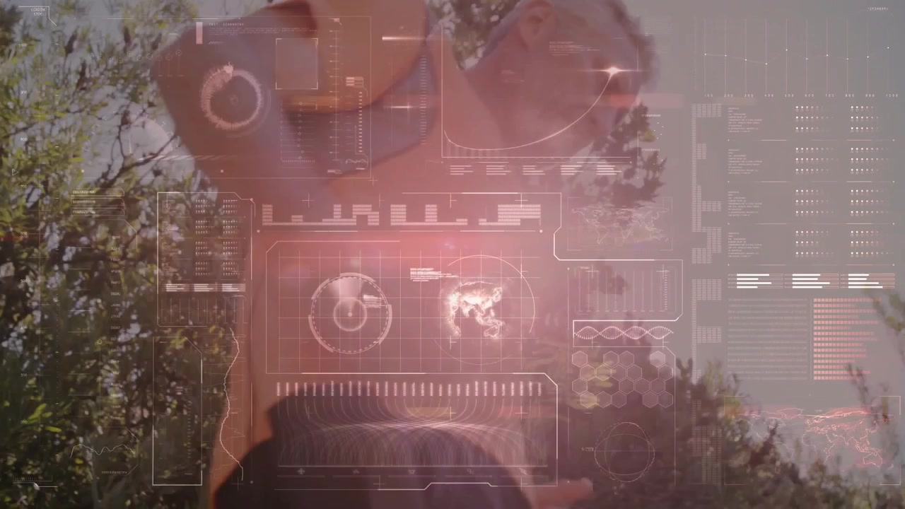 Woman wearing bikini listening to music in sunlit garden, showing tech HUD graphs and world maps