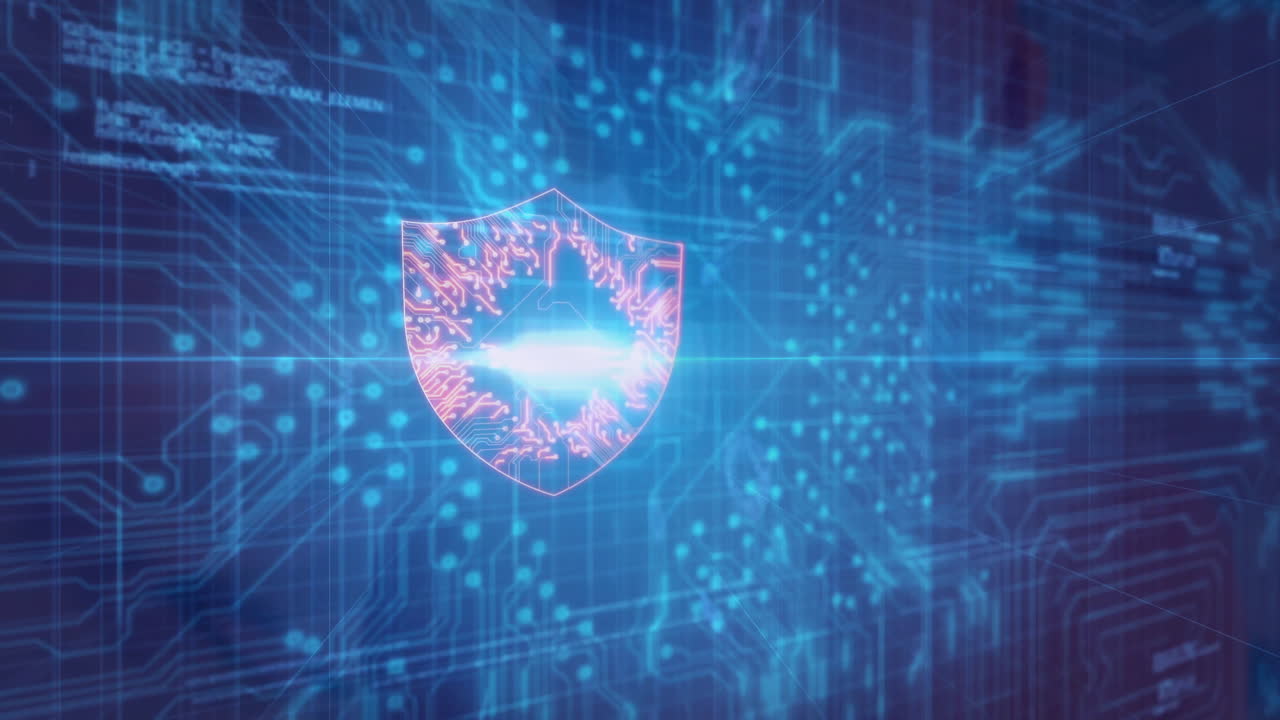 animación del procesamiento de datos sobre iconos de escudo