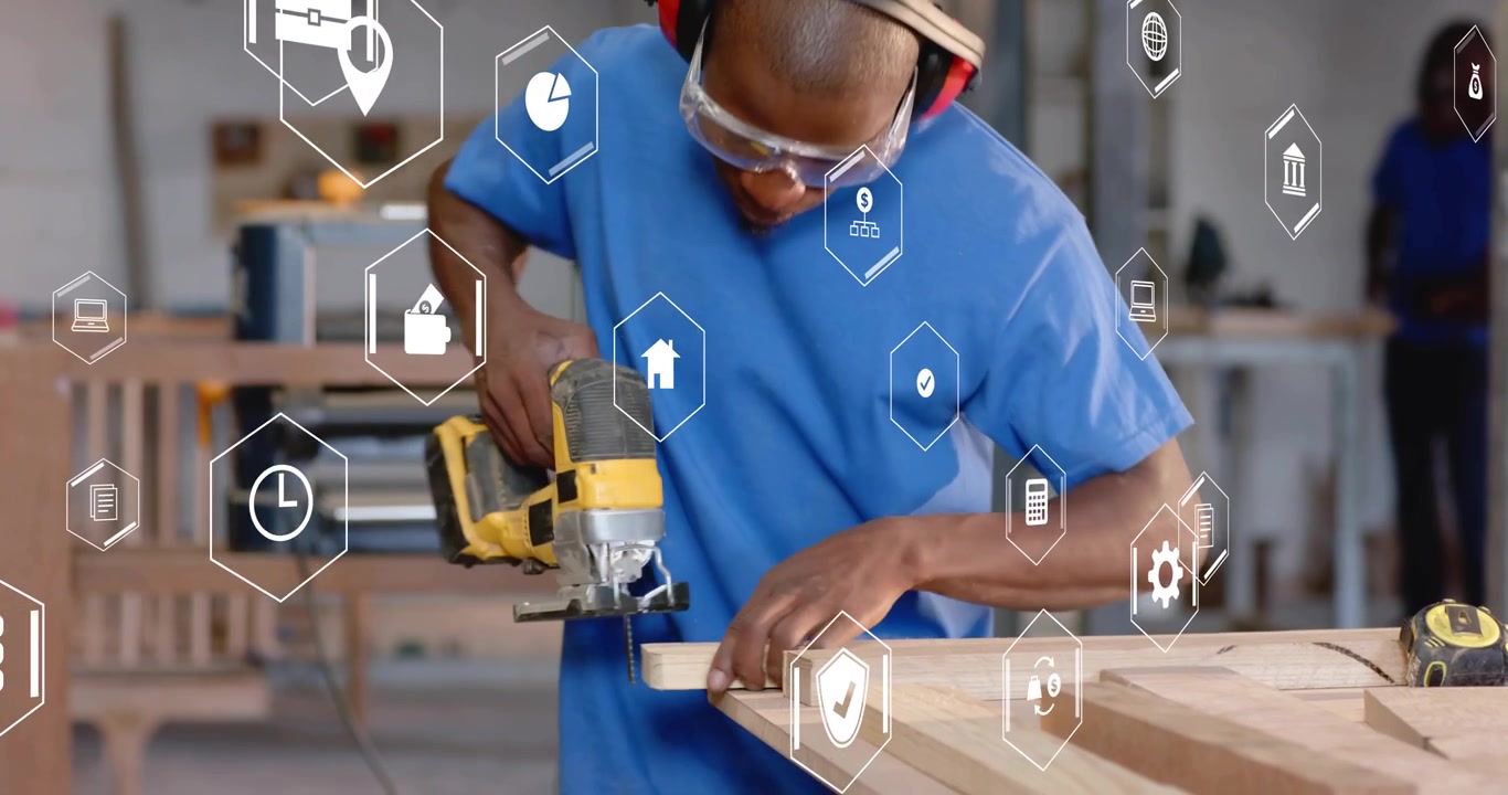 Carpenter entering workshop with jigsaw, guiding saw along plank ensuring precision with data icons